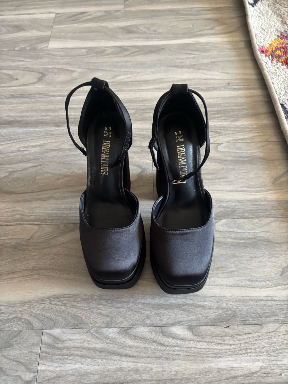 Dreamers Black Satin Square-Toe Ankle-Strap Heels